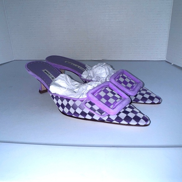 Manolo Blahnik Maysalebi Purple Check Kitten Heel Mule Pumps 37.5=7.5 - Picture 2 of 6